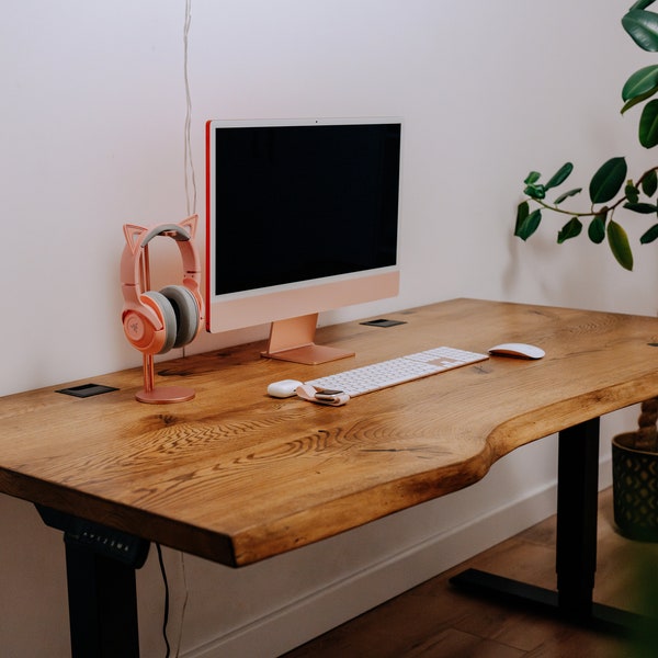 Calmdesk – Verstellbarer Schreibtisch aus Eiche, Stehpult, Live-Edge-Schreibtisch, Loft-Design, Stehpult, Tischplatte aus Massivholz, 2 Hubmotoren