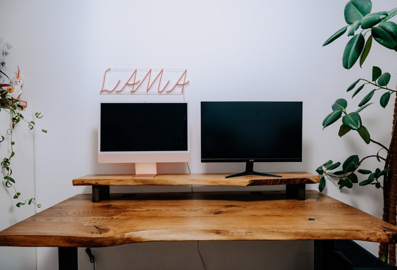 Support de moniteur en bois massif/ Chêne véritable/ Accessoires de bureau Stand Sit/ support imac/ support pour deux moniteurs/ image 4