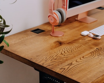 Calmdesk - Verstellbarer Schreibtisch aus Eiche, Stehpult, Live Edge Schreibtisch, Loft-Design, Stehpult, Tischplatte aus Massivholz, 2 Hubmotoren