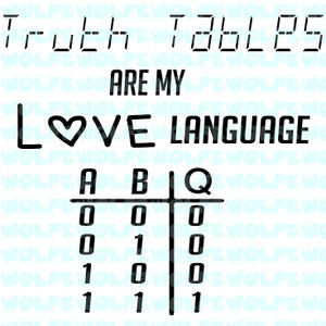 Pode incluir: Gráfico a preto e branco com o texto "Truth Tables Are My Love Language". Abaixo, uma tabela verdade com as colunas A, B e Q, e linhas de 0 e 1.