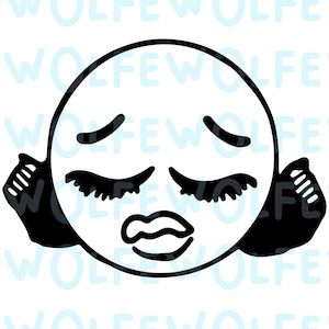 May include: Black and white illustration of a cartoon face with large eyelashes, downturned eyebrows, and a sad expression. The face is making a pouty expression with its mouth.