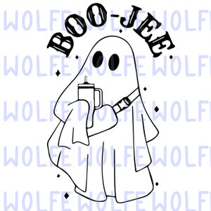 May include: A black and white illustration of a ghost holding a cup with the text "Boo-Jee" above it.