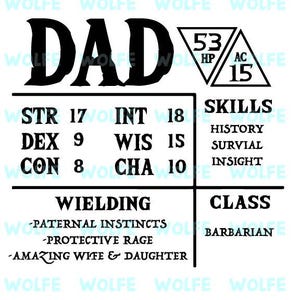Op de afbeelding: Een zwart-witte grafische illustratie van een personageblad voor een rollenspel. De naam van het personage is "DAD" en de klasse is "Barbarian". De statistieken van het personage worden vermeld, waaronder kracht, behendigheid, constitutie, intelligentie, wijsheid en charisma. De vaardigheden van het personage worden vermeld als geschiedenis, overleven en inzicht. De vaardigheden van het personage worden vermeld als "Vaderlijke instincten", "Beschermende woede" en "Geweldige vrouw & dochter".