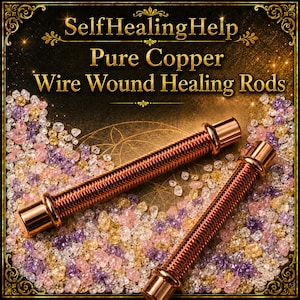 May include: Two cylindrical copper rods with wire-wound surfaces and smooth end caps. The text "SelfHealingHelp Pure Copper Wire Wound Healing Rods" is displayed above the rods, which are resting on a bed of small, multicolored crystal fragments.