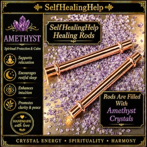 Koperen helende staven met amethistkristallen: handgemaakt voor stressvermindering, genezing, reiki, meditatie en aura-balancering.