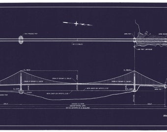 May include: A blueprint of the Golden Gate Bridge in San Francisco, California. The blueprint shows the bridge's design, including the towers, cables, and roadway. The blueprint is dated 1933 and signed by Joseph Strauss, the bridge's chief engineer.