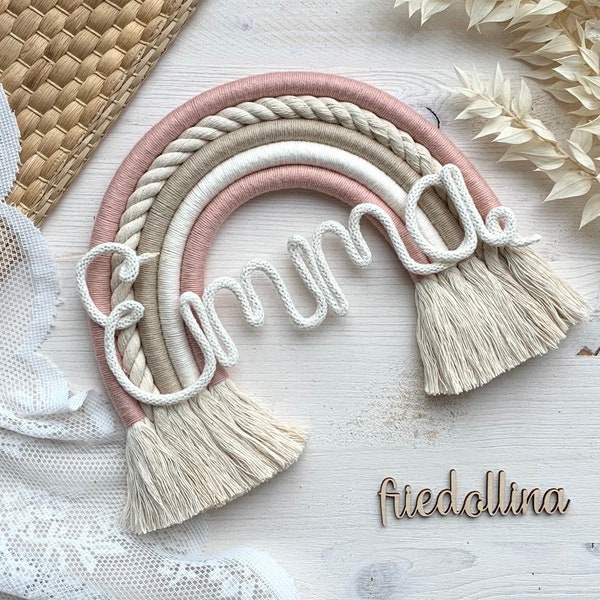 Makramee Regenbogen mit Name, Deko Kinderzimmer Babyzimmer, Wandbehang, Boho, Türschild, Geschenk Taufe Geburt Babyparty, Mobile,Traumfänger