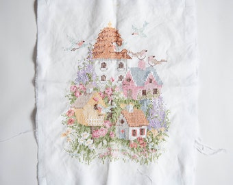 Unframed Village & Houses Embroidery Cross Stitch Needlework Piece 12.5" x 15"