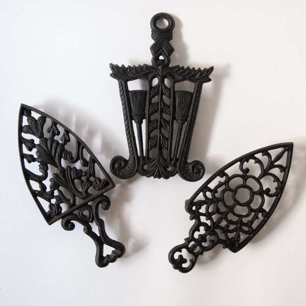 Set of 3 Vintage Cast Iron Trivets Footed 8" Black Spades Broom