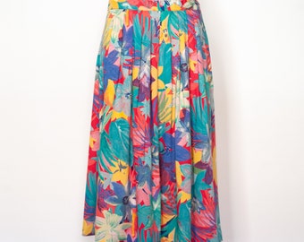 Vintage Alfred Dunner Bright Floral Tropical Print Pleated Midi Skirt 30" Waist