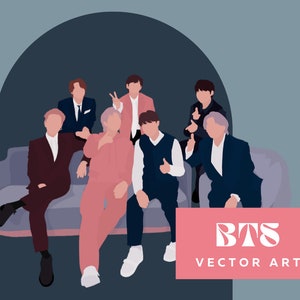 May include: Seven people, dressed in suits and casual clothing, are sitting on a gray couch. The couch is in front of a gray background with a pink arch. The people are smiling and looking at the camera. The text "BTS VECTOR ART" is on a pink rectangle in the bottom right corner of the image.