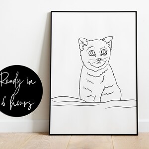 Puede incluir: Un dibujo en blanco y negro de un gato sentado en una cama. El gato tiene ojos grandes y una expresi&oacute;n de sorpresa.