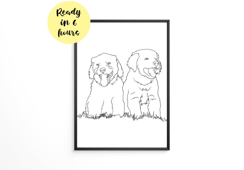 Puede incluir: Dibujo de l&iacute;nea de dos golden retrievers sentados uno al lado del otro. Los perros est&aacute;n mirando hacia adelante con la lengua afuera.