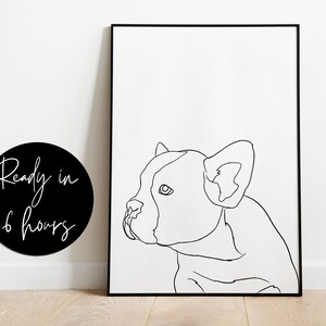 Puede incluir: Impresi&oacute;n en blanco y negro de un Bulldog Franc&eacute;s en l&iacute;nea. El perro est&aacute; mirando hacia la izquierda de la imagen. La impresi&oacute;n est&aacute; enmarcada en un marco negro.