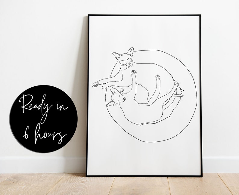 Puede incluir: Impresi&oacute;n de arte de l&iacute;nea de dos gatos acurrucados juntos en un c&iacute;rculo. La impresi&oacute;n es en blanco y negro y est&aacute; enmarcada en un marco negro.