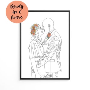 Dibujo de una línea, retrato de pareja personalizado, regalo familiar personalizado, regalo de aniversario de bodas personalizado, línea personalizada a partir de una foto
