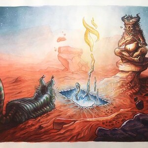 Può includere: Un dipinto ad acquerello di un paesaggio fantastico con una pozza d'acqua blu, una creatura a strisce e una figura cornuta che suona il flauto. La scena è ambientata su uno sfondo di cielo rosso e arancione con una fiamma gialla.