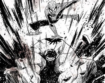 FINE ART « The Hulk vs Spiderman » limited edition Giclée Print. Encre de Chine illustration painting. 3 sizes available.