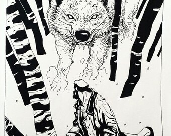 FINE ART « Hellboy and the forest beast » limited edition Giclée Print. Encre de Chine brush pen illustration painting. 3 sizes available.