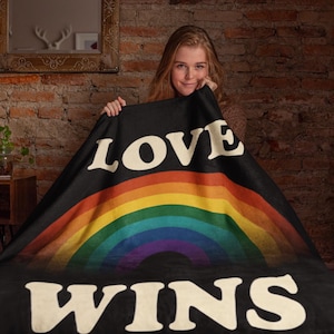 Love Wins Rainbow Throw Blanket, LGBTQ+ Pride Month Blankie, Soft Cozy Pride Month Gift | Retro Rainbow Fleece Blanket | Equality Home Decor