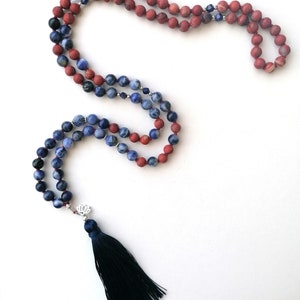 Anatolia,  Sodalite and Jasper Mala Necklace, 108 Beaded Meditation Necklace, Hand Knotted Mala With Dark Blue Tassel