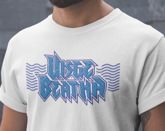 May include: White t-shirt with a blue and white graphic design that says "WAVES BEATHA" with wavy lines above and below the text.