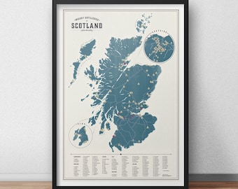 Whisky Karte von Schottland 2021 - Whisky Karte - Karte Poster Art Vintage Reise Poster Art - Minimalistische Karte - Whisky Karte