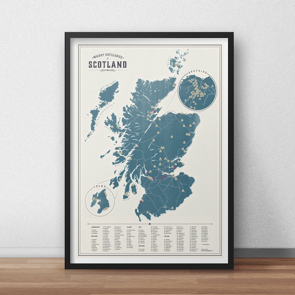 Whisky Karte von Schottland 2021 - Whisky Karte - Karte Poster Art Vintage Reise Poster Art - Minimalistische Karte - Whisky Karte