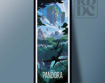 May include: A vertical framed art print featuring a landscape of floating islands and lush green forests. Two winged creatures fly in the foreground. The text Explore PANDORA is printed in white at the bottom of the vibrant blue and green scene.