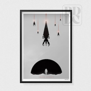 May include: A black and white minimalist poster featuring a silhouette of a character from the video game Mass Effect standing in front of a large, dark circle. The text "Mass Effect" is printed in red at the bottom of the poster.