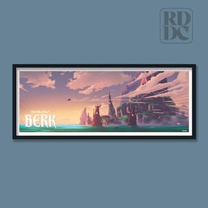 Op de afbeelding: Een ingelijste panoramische kunstdruk met een gestileerd landschap van het eiland Berk met rotsachtige kliffen, groene vegetatie en een zonsonderganglucht. De tekst "Visit the Isle of BERK" staat in het wit links op de illustratie.