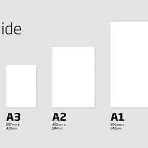 May include: A guide to standard paper sizes, showing the dimensions of A6, A5, A4, A3, A2, and A1 paper. The sizes are illustrated with white rectangles, increasing in size from left to right. The text "Paper size guide" is at the top of the image.