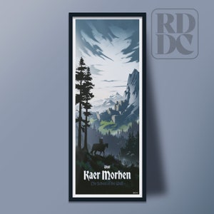 May include: A vintage travel poster with a dark blue background featuring a silhouette of a person riding a horse in front of a mountain range with a castle on top. The text on the poster reads "Visit Kaer Morhen The School of the Wolf".