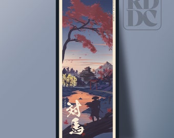Peut inclure: Une illustration numérique d'un paysage japonais avec un pont rouge, un château et une silhouette solitaire au premier plan. La scène se déroule sur fond de chaîne de montagnes et d'un ciel avec un coucher de soleil rose et orange. Le texte "紅" est écrit en calligraphie japonaise dans le coin inférieur gauche de l'image.