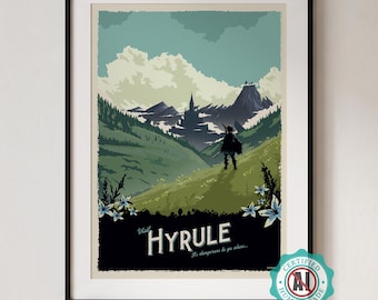 May include: A framed travel-style poster featuring a green landscape with a distant castle and mountains under a cloudy sky. A silhouetted figure stands in the foreground. The text reads Visit HYRULE It's dangerous to go alone.