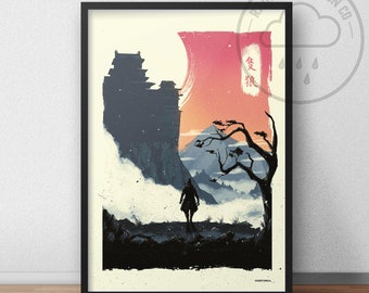 May include: A digital art print featuring a silhouette of a person standing in front of a Japanese castle with a red and orange sunset in the background. The text "隻狼" is written in Japanese on the right side of the image.