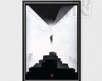 May include: A black and white illustration of a person reaching up towards a bright light. The person is standing on a stack of black blocks. The background is a dark gray with a white triangle shape.
