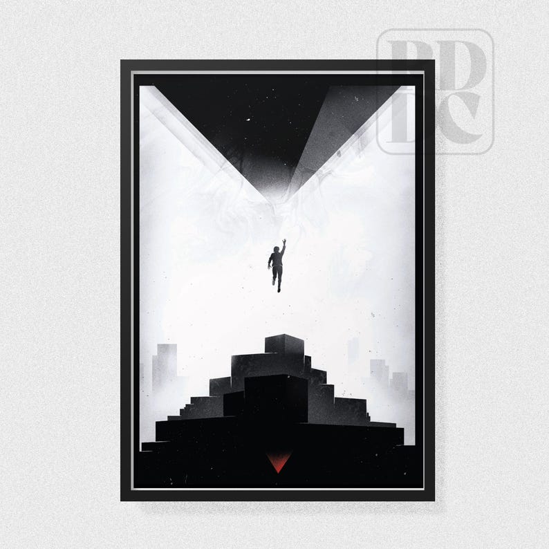 May include: A black and white illustration of a person reaching up towards a bright light. The person is standing on a stack of black blocks. The background is a dark gray with a white triangle shape.