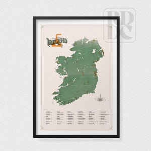 Carte de la distillerie de whisky irlandais - Poster de la carte du whisky irlandais • Impression d'art Distilleries of Ireland, cadeau pour amateur de whisky au Royaume-Uni et dans le monde