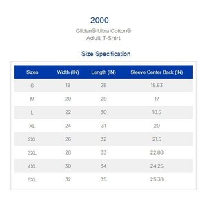May include: A size chart for Gildan Ultra Cotton adult t-shirts. The chart shows the width, length, and sleeve center back measurements in inches for sizes S through 5XL.