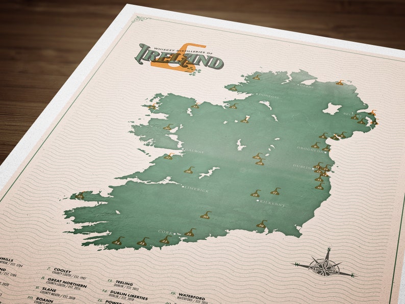 Whiskey Map of Ireland Whiskey Map Map Poster Art Vintage Travel Poster Art Minimalist Map Ireland Map Distillery Map image 3