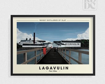 Pode incluir: Uma ilustração de pôster de viagem vintage da destilaria Lagavulin na ilha de Islay, Escócia. O pôster apresenta uma vista da destilaria do cais, com o texto "Whisky Distilleries of Islay" e "Lagavulin - Port Ellen -" na parte superior e inferior do pôster.