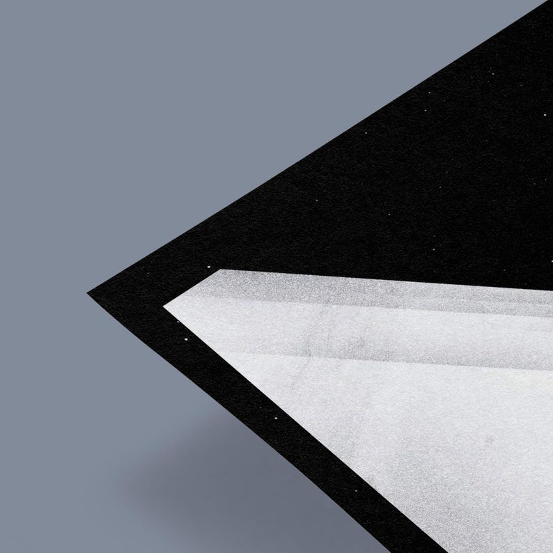 May include: A black and white abstract geometric design with a textured surface. The design features a series of overlapping triangles.
