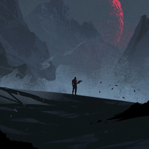 May include: A digital art piece depicting a lone figure standing on a dark, desolate landscape, holding a weapon. The background features towering, shadowy mountains and a large, glowing red celestial body, creating a dramatic, sci-fi atmosphere.