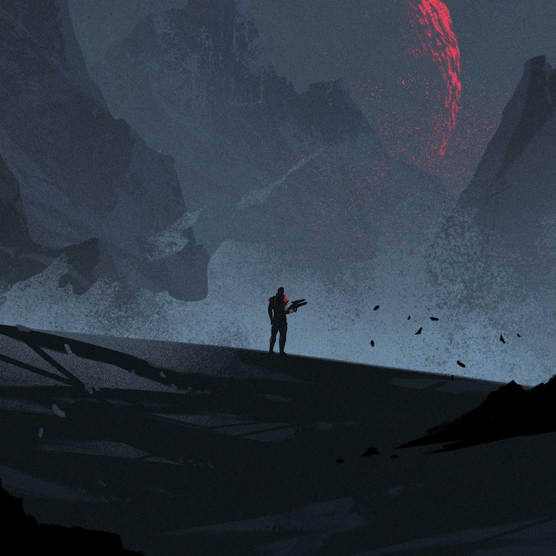 May include: A digital art piece depicting a lone figure standing on a dark, desolate landscape, holding a weapon. The background features towering, shadowy mountains and a large, glowing red celestial body, creating a dramatic, sci-fi atmosphere.