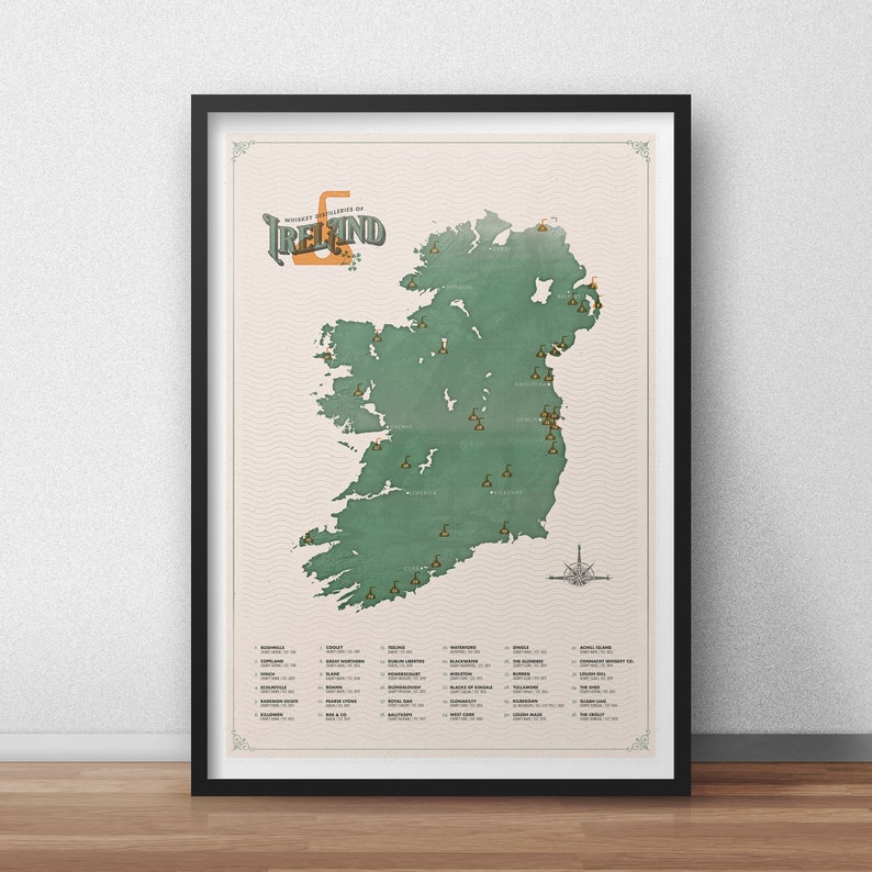 Whiskey Map of Ireland Whiskey Map Map Poster Art Vintage Travel Poster Art Minimalist Map Ireland Map Distillery Map image 1