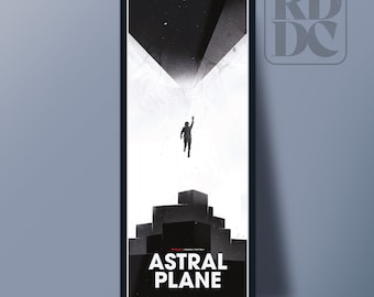 May include: Black and white poster with a silhouette of a person jumping up towards a white, textured, triangular shape. The poster has the text "ASTRAL PLANE" in red and white.