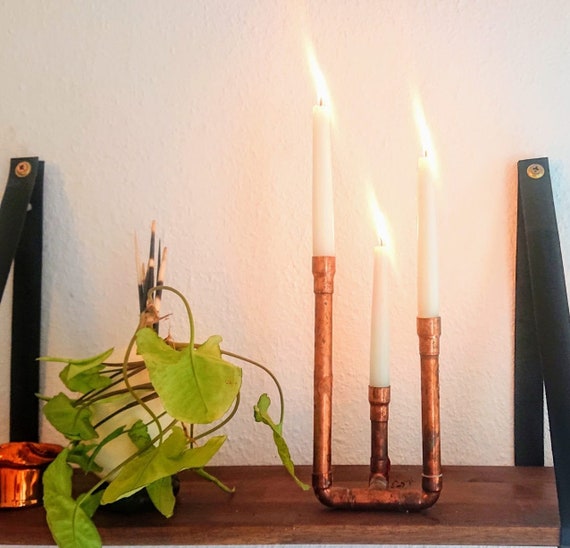 Kerzenständer Kupferrohr, dreiflammig, Kupfer Kerzenleuchter für 3 Kerzen