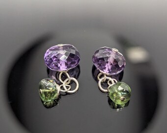 Pendientes con colgantes de amatista brasileña y apatita verde en plata de ley 925.