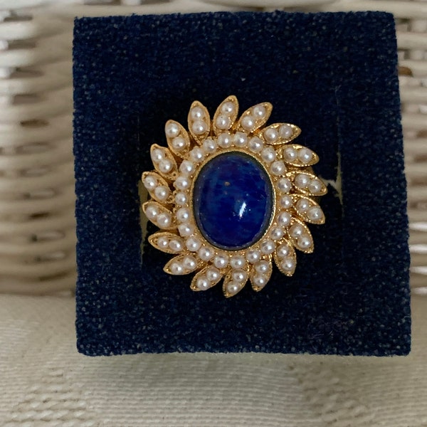 Vintage lapis pearl costume ring